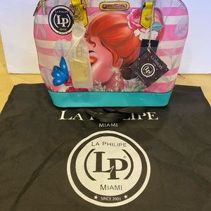 La Philipe Miami Bag Lips Rhinestone Artist LP Travel Purse Nwt Tote Clutch.